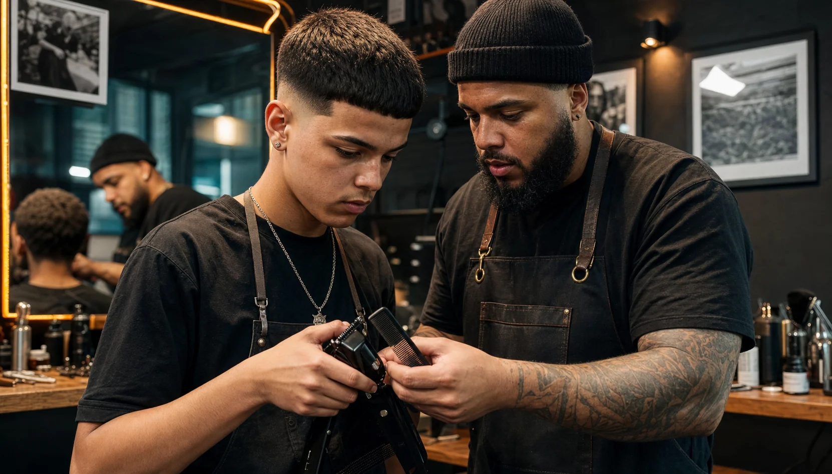 Barbeiro atendendo jovem em um workshop comunitário